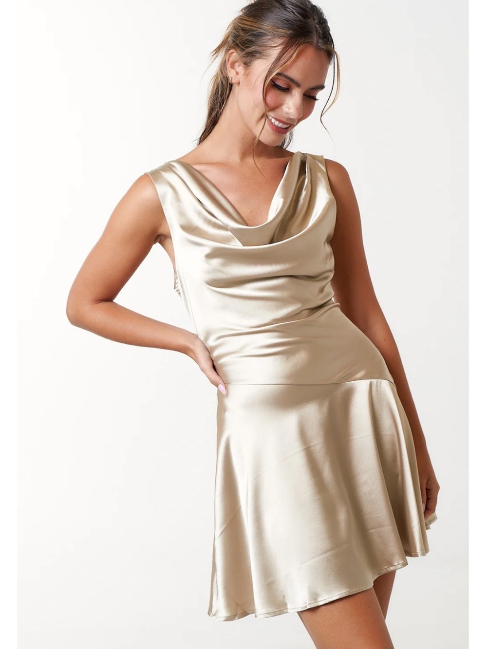 Blue Blush Satin Cowl Neck Mini Dress in Champagne Gold